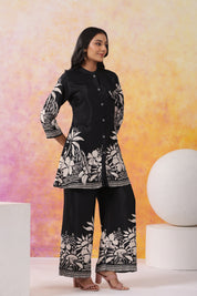 Black Floral Printed Russian Silk Co-Ord Set