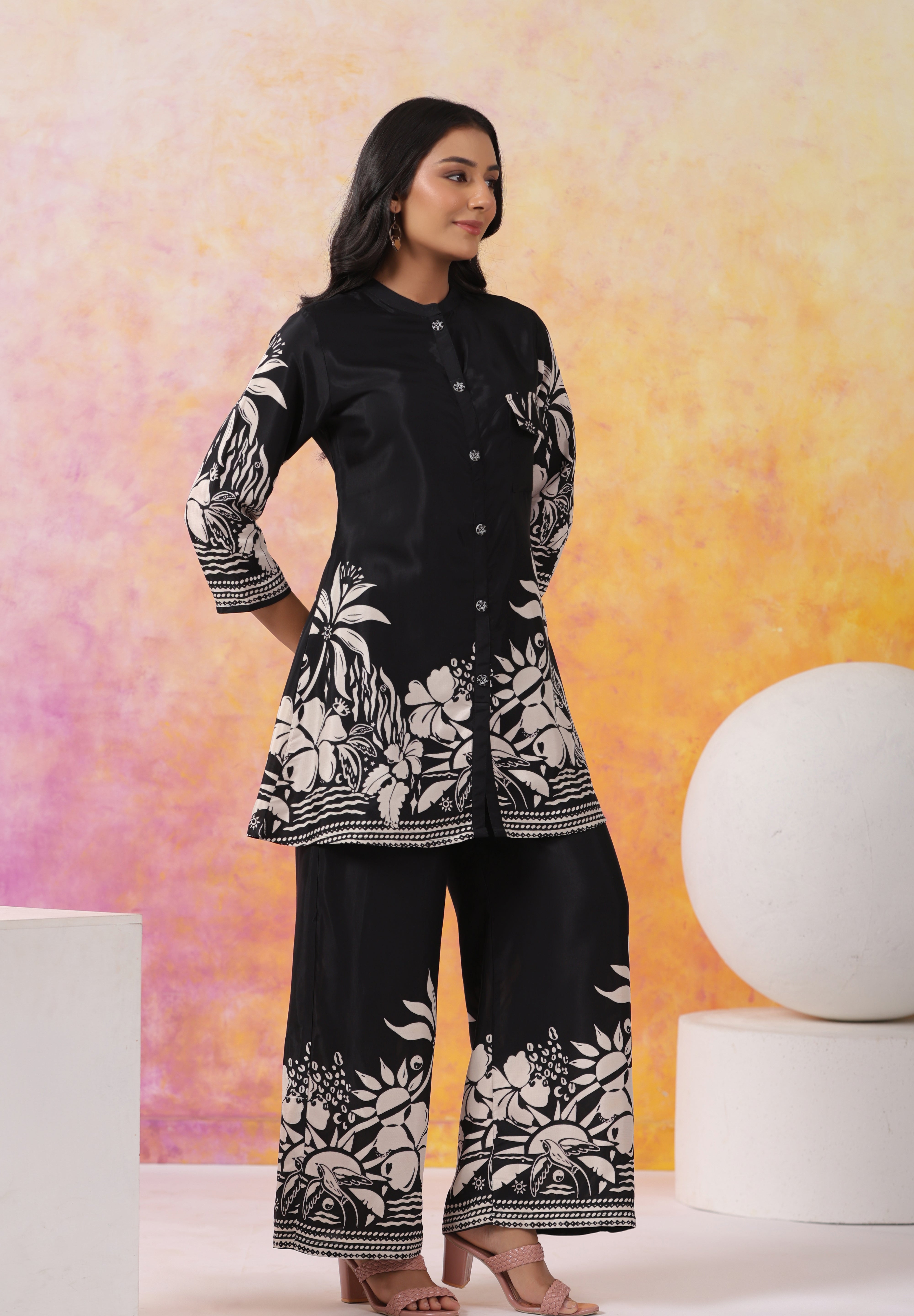 Black Floral Printed Russian Silk Co-Ord Set