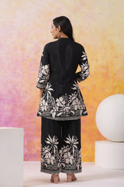 Black Floral Printed Russian Silk Co-Ord Set