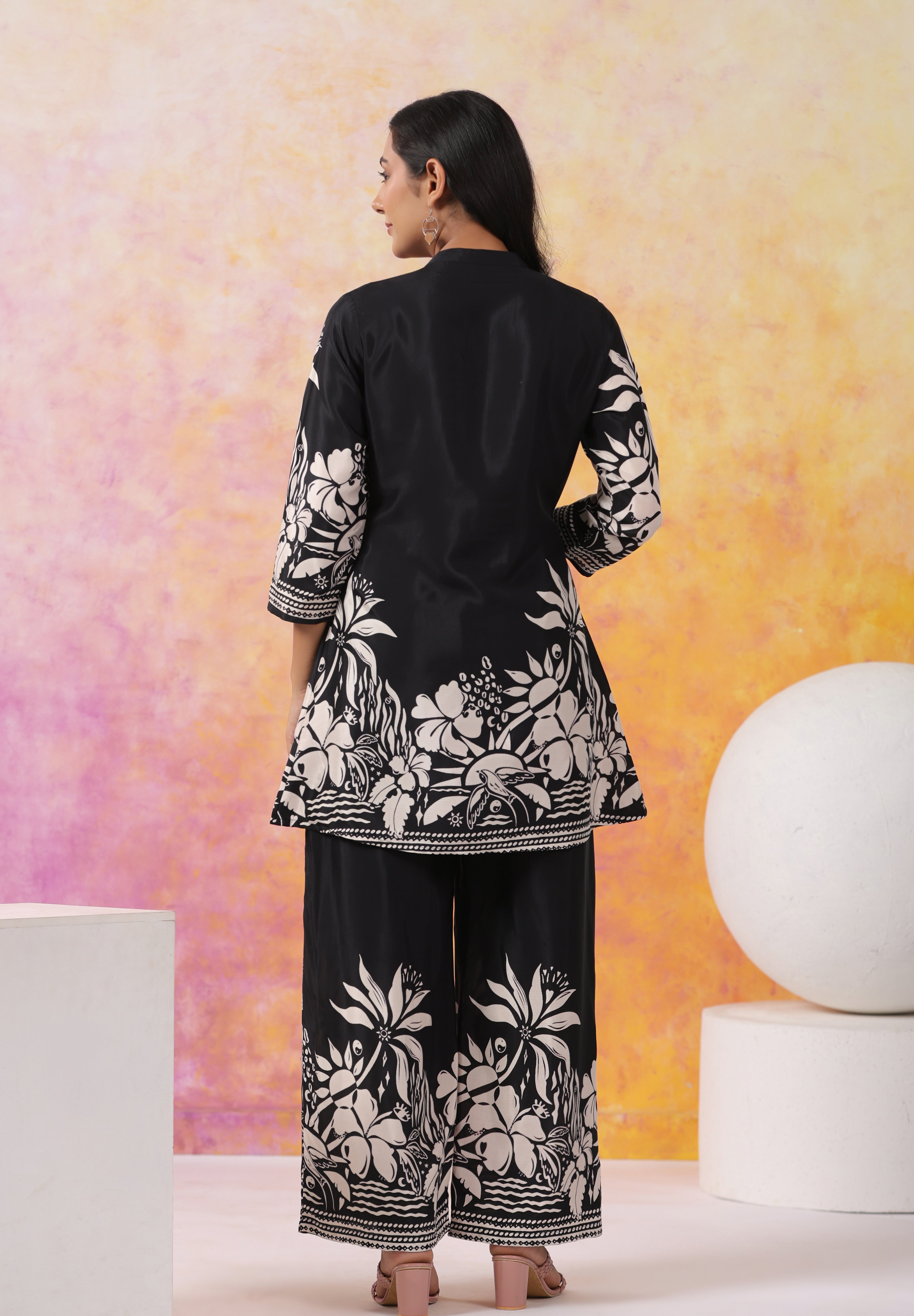 Black Floral Printed Russian Silk Co-Ord Set