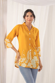 Mustard Floral Printed Russian Silk Top