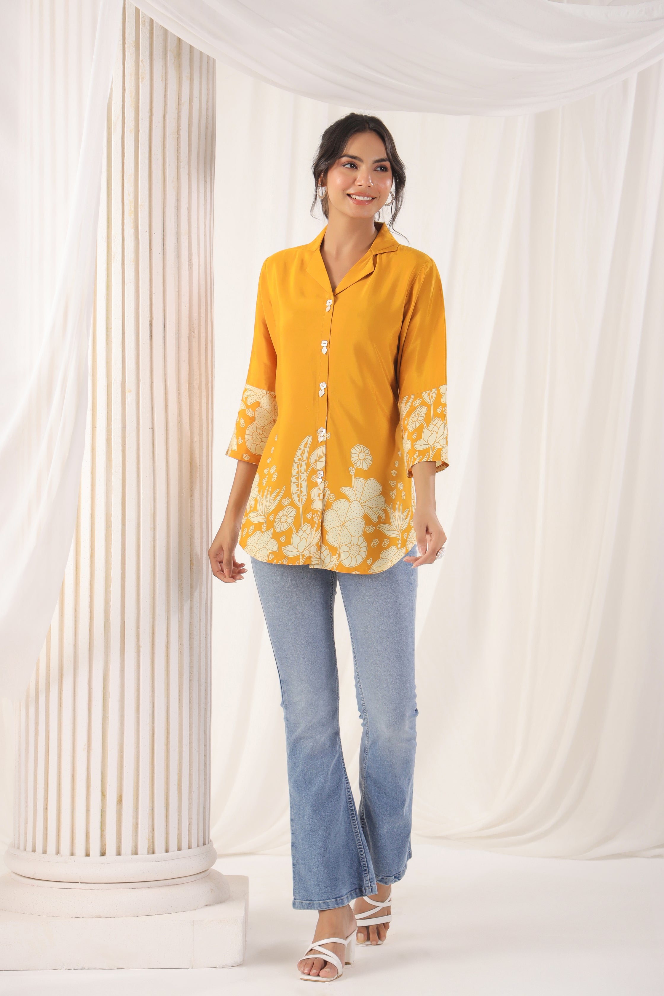 Mustard Floral Printed Russian Silk Top