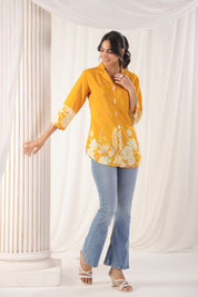 Mustard Floral Printed Russian Silk Top