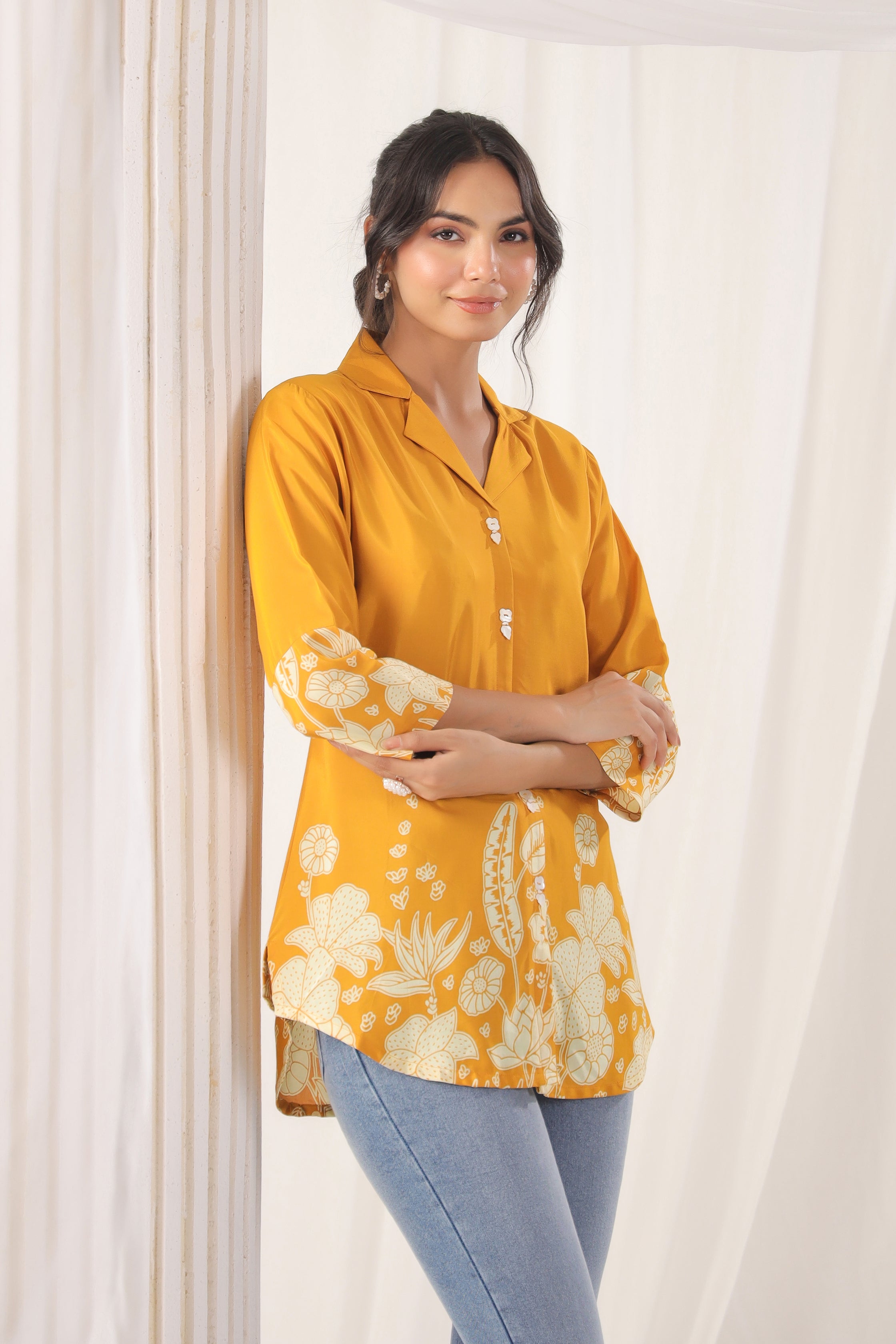 Mustard Floral Printed Russian Silk Top