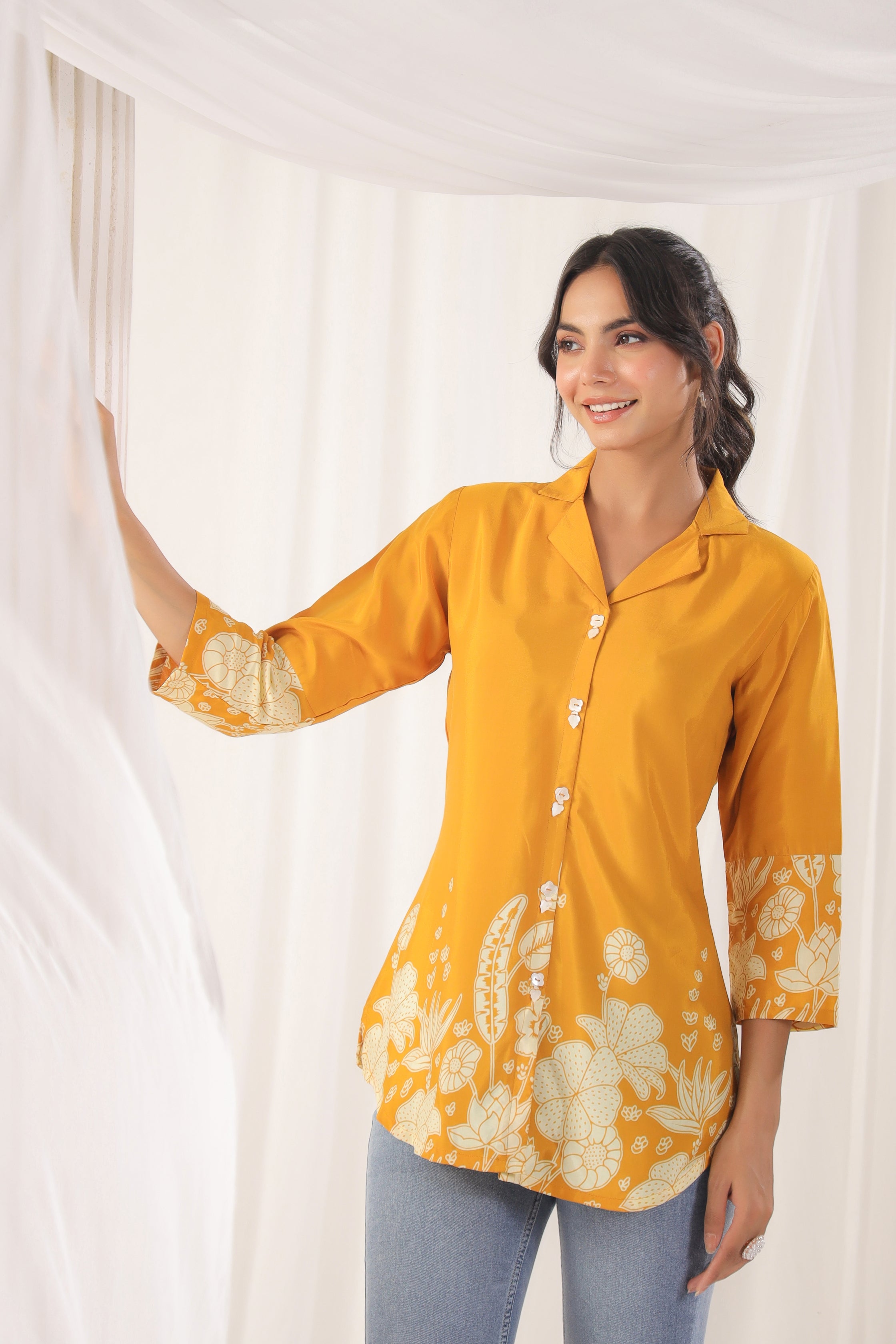 Mustard Floral Printed Russian Silk Top