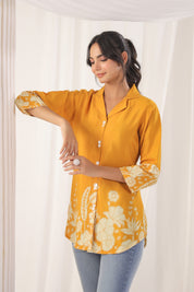 Mustard Floral Printed Russian Silk Top