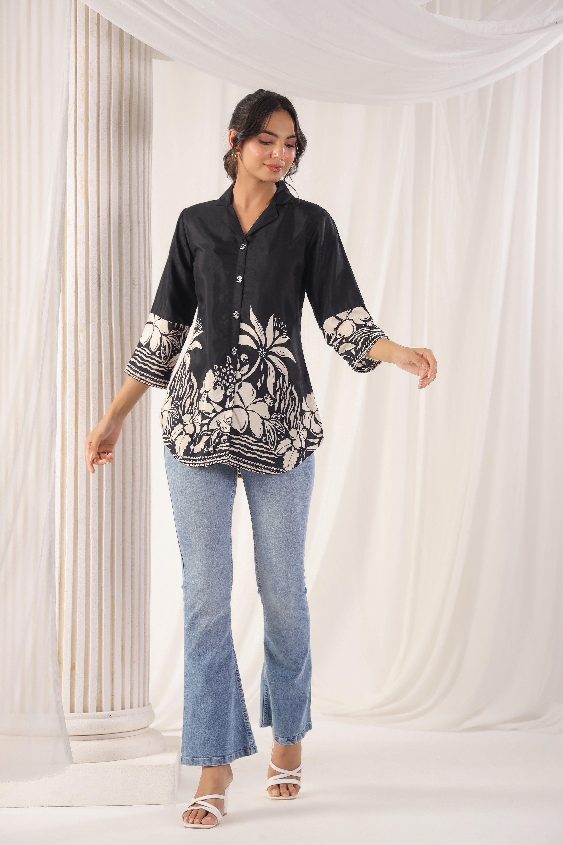 Black Floral Bird Print Russian Silk Tunic