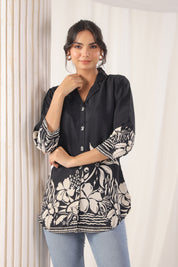 Black Floral Bird Print Russian Silk Tunic