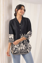 Black Floral Bird Print Russian Silk Tunic