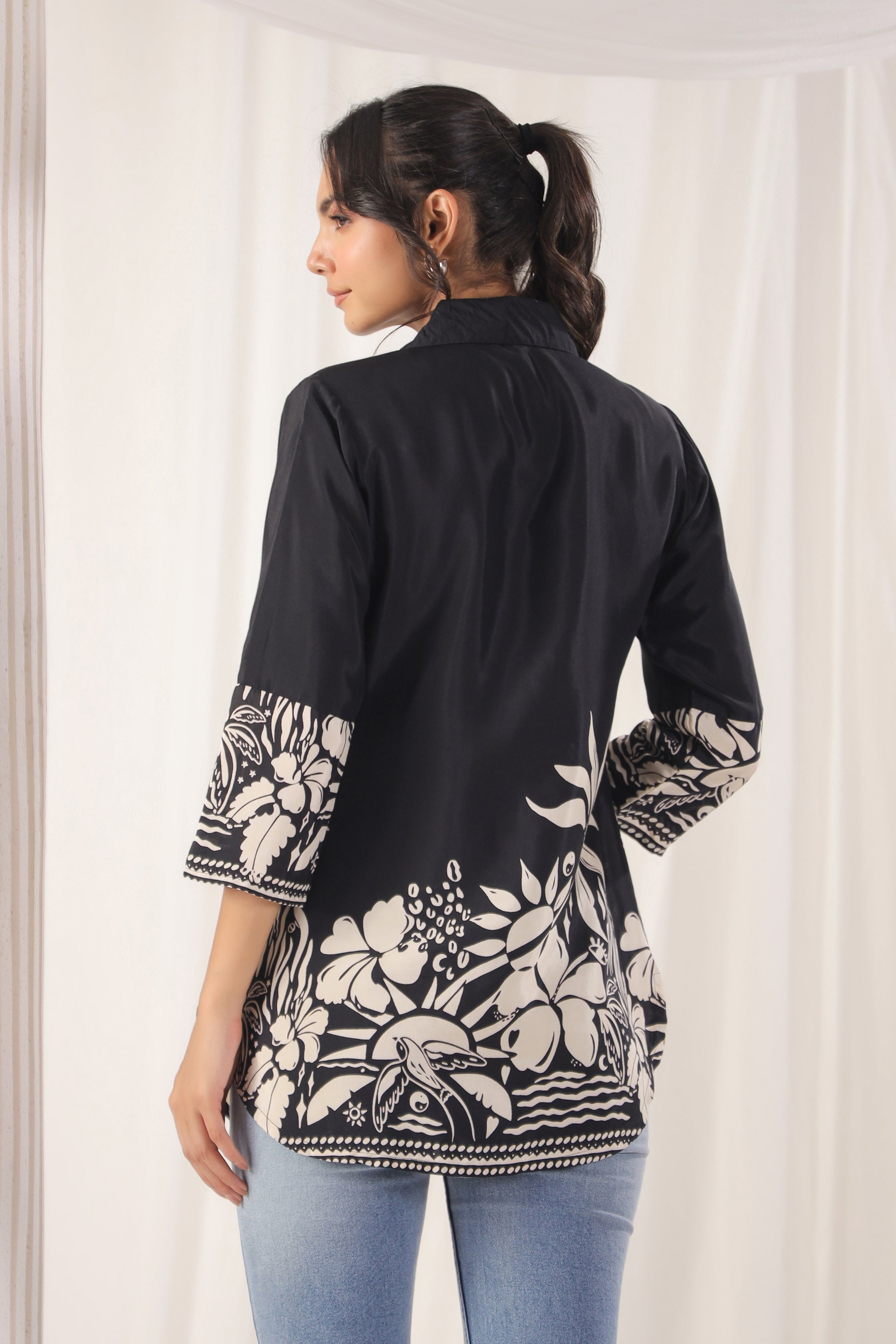 Black Floral Bird Print Russian Silk Tunic