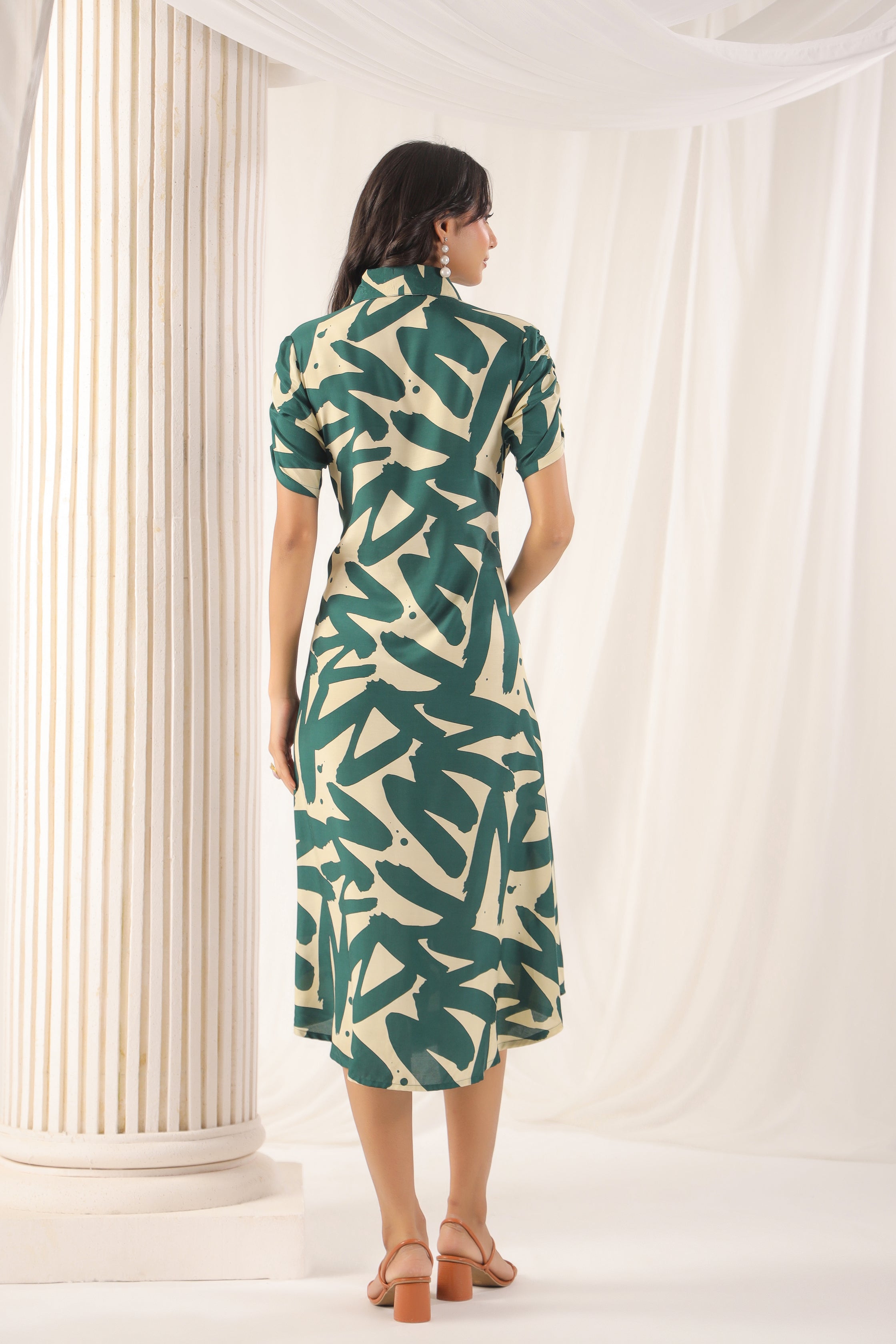 Green Russian Silk Floral Printed Midi Dress