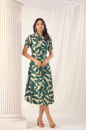 Green Russian Silk Floral Printed Midi Dress