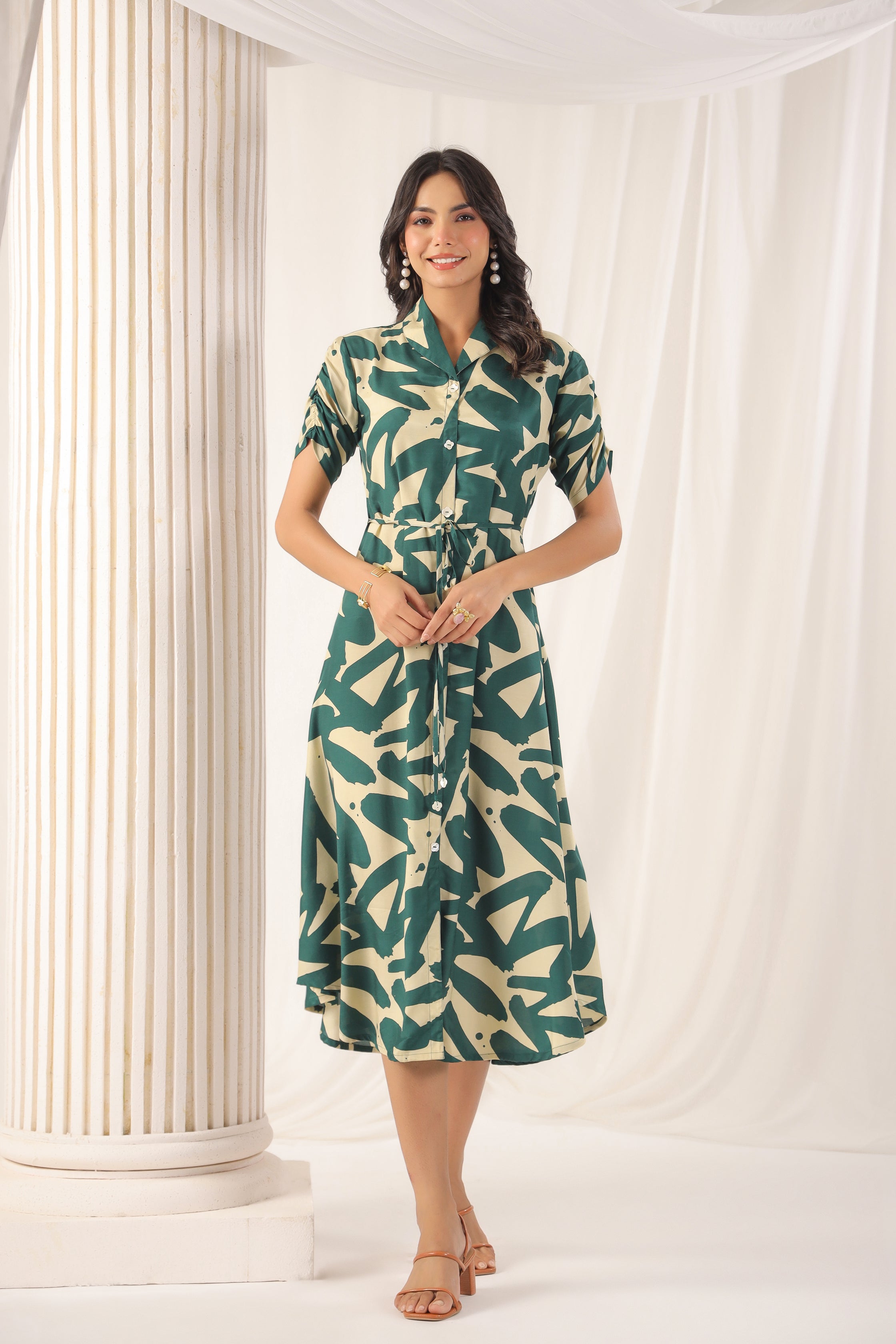 Green Russian Silk Floral Printed Midi Dress