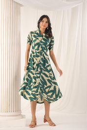 Green Russian Silk Floral Printed Midi Dress