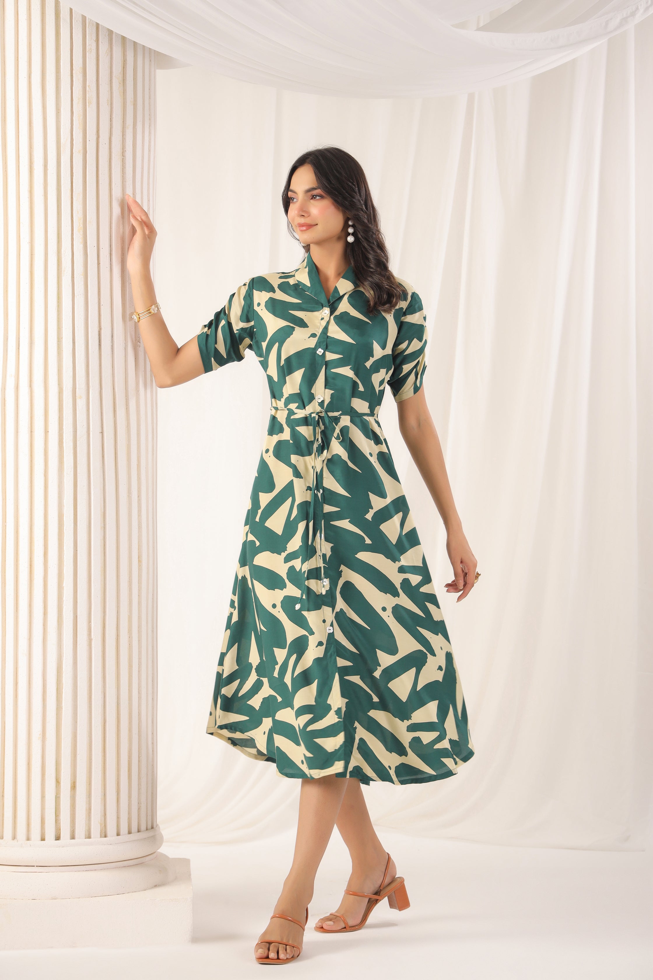 Green Russian Silk Floral Printed Midi Dress