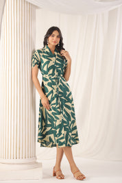 Green Russian Silk Floral Printed Midi Dress