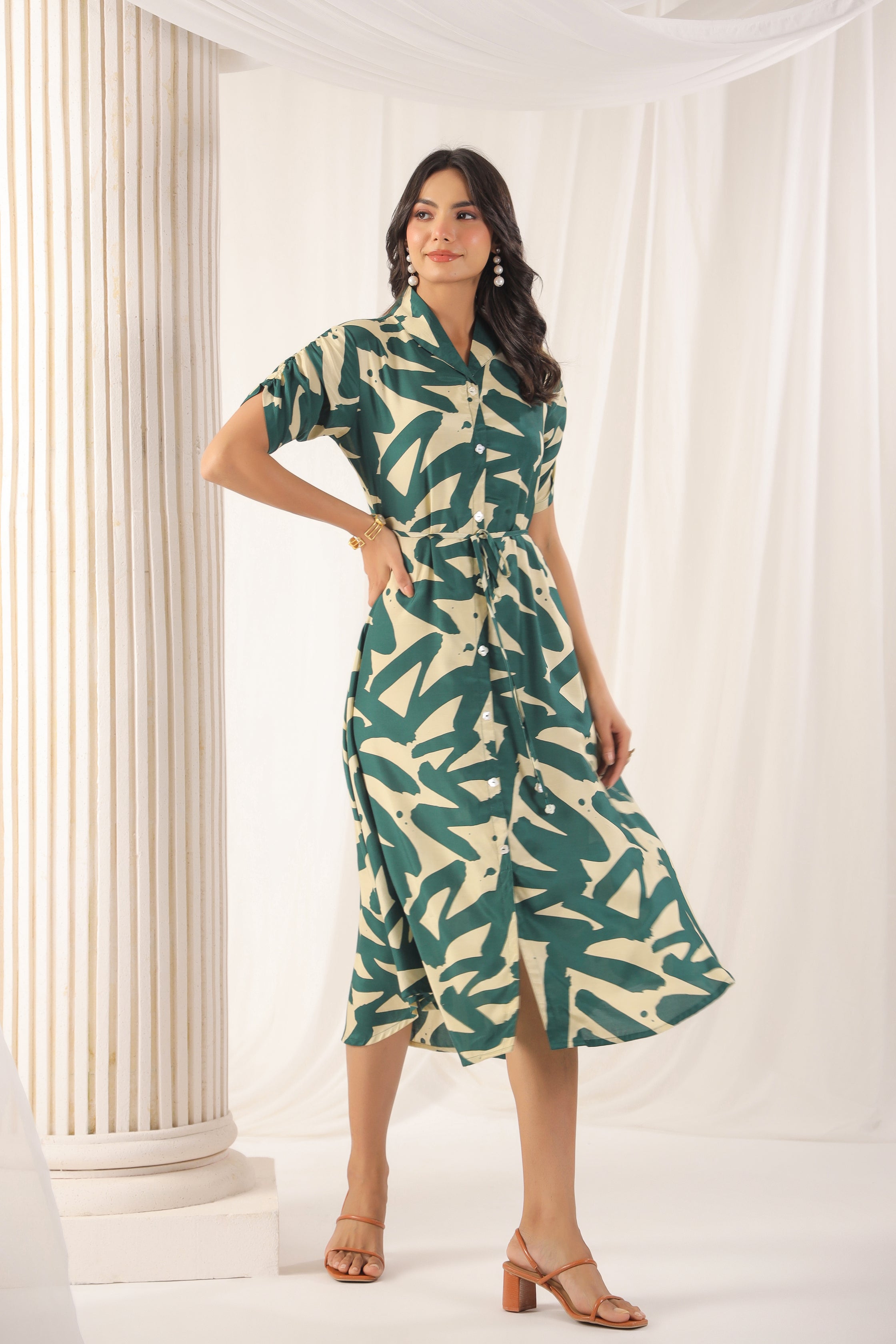 Green Russian Silk Floral Printed Midi Dress