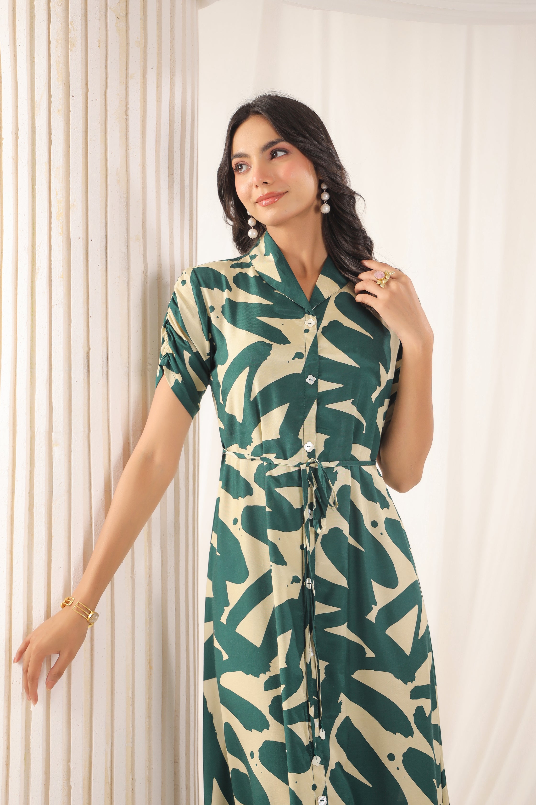 Green Russian Silk Floral Printed Midi Dress