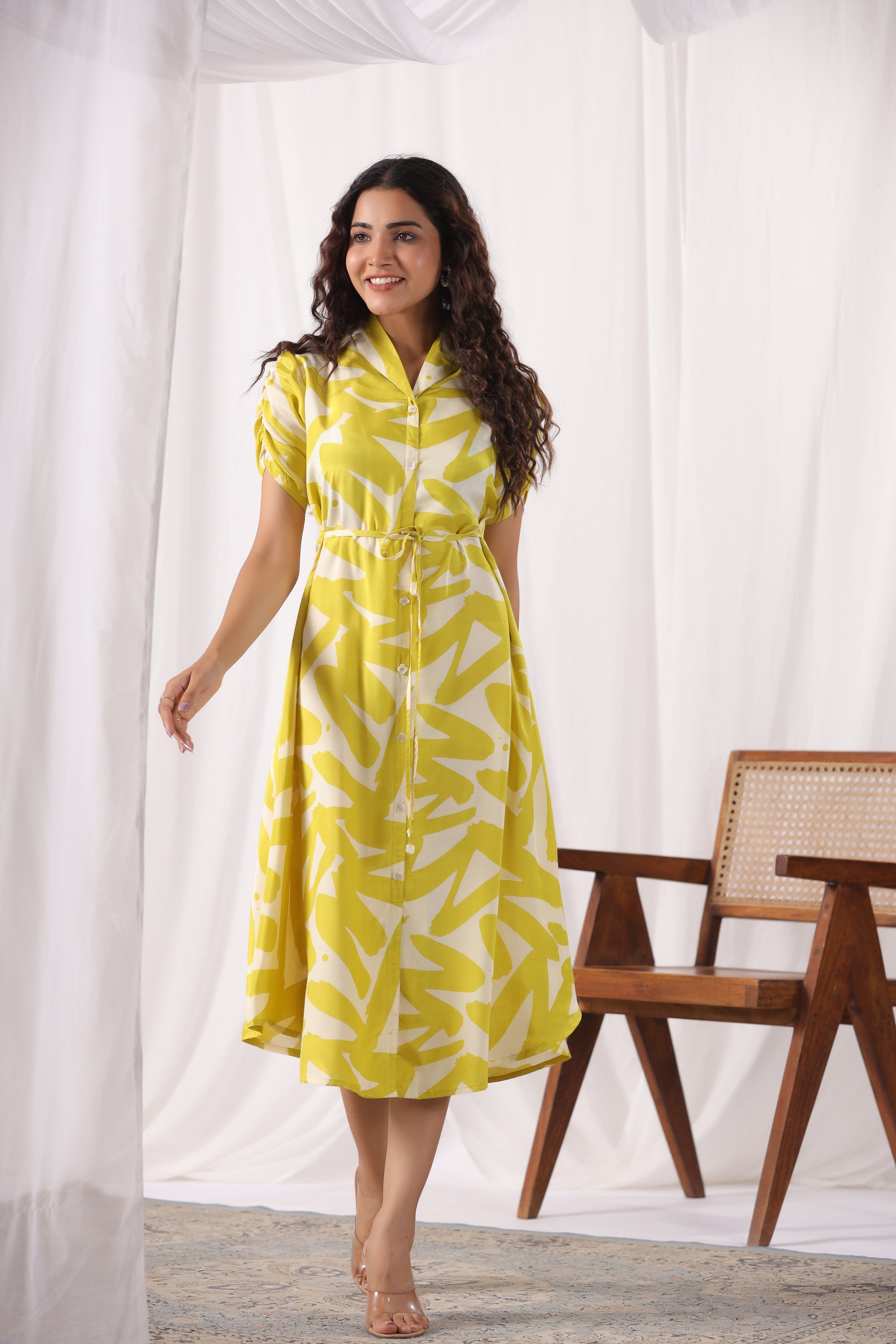 Yellow Russian Silk Floral Printed Midi Dress