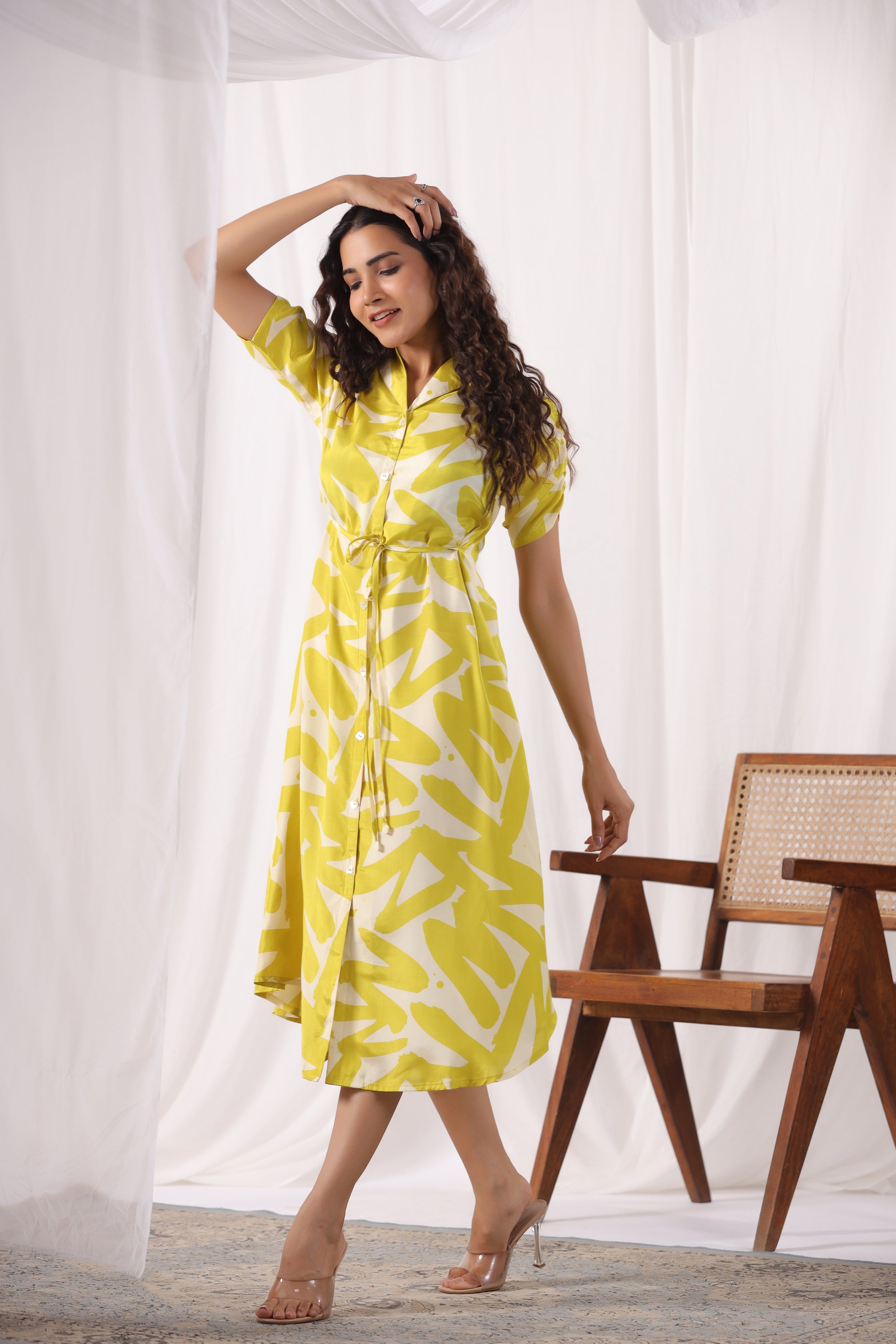 Yellow Russian Silk Floral Printed Midi Dress