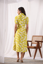 Yellow Russian Silk Floral Printed Midi Dress