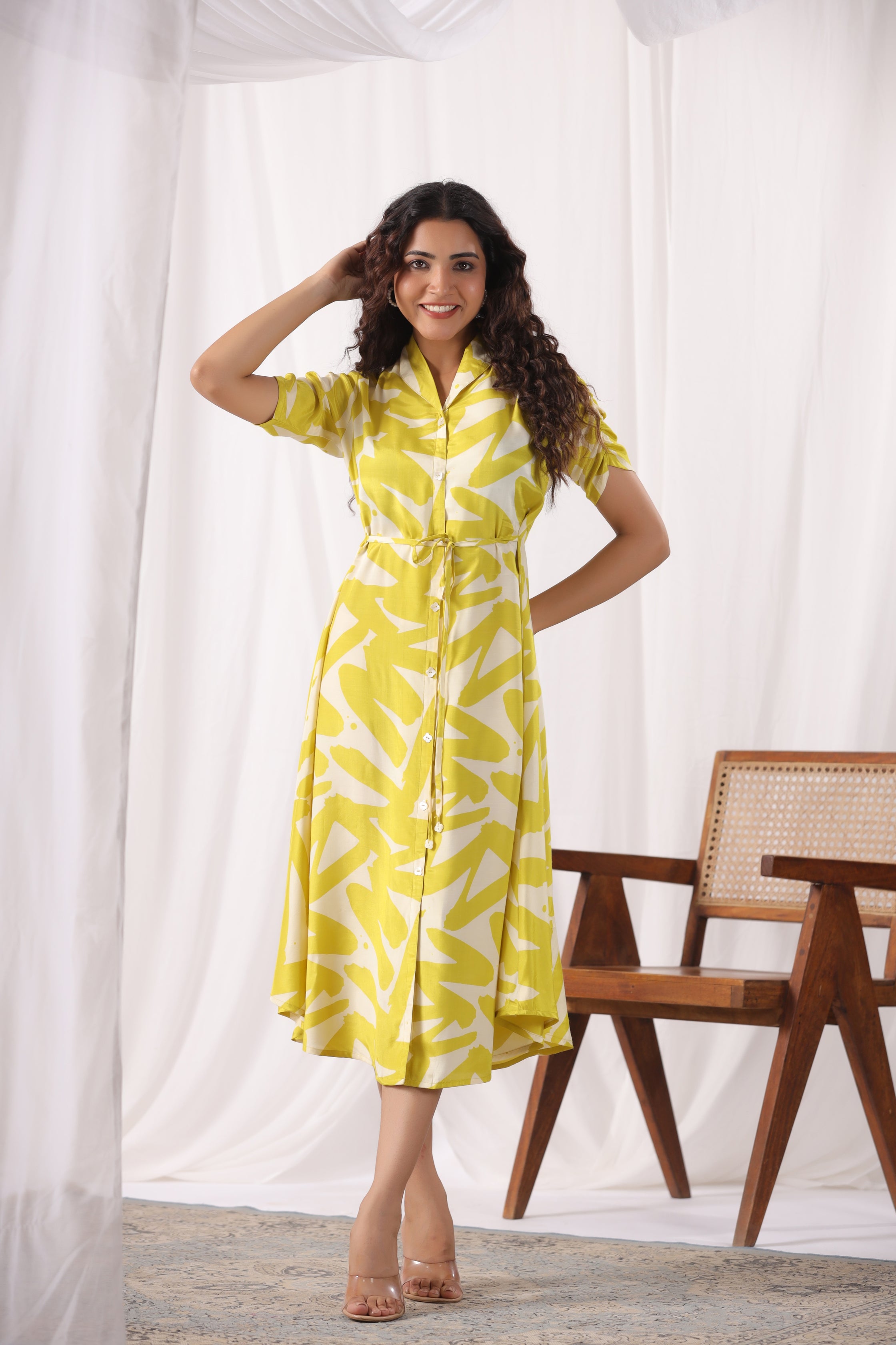 Yellow Russian Silk Floral Printed Midi Dress