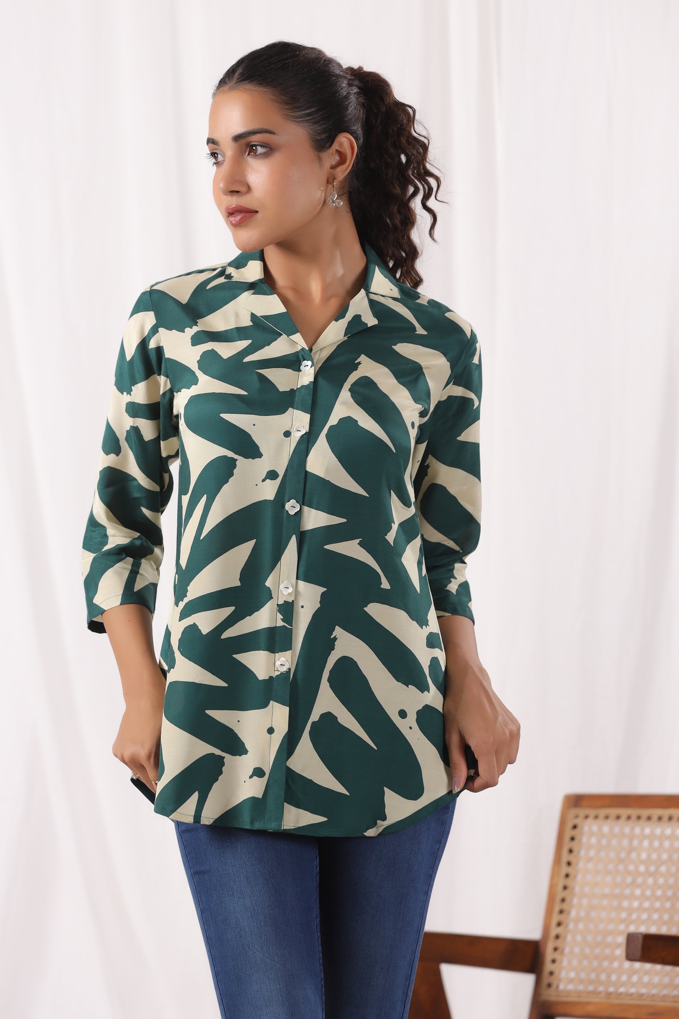 Green Russian Silk Floral Printed  Shirt