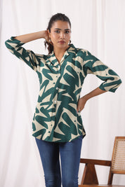 Green Russian Silk Floral Printed  Shirt