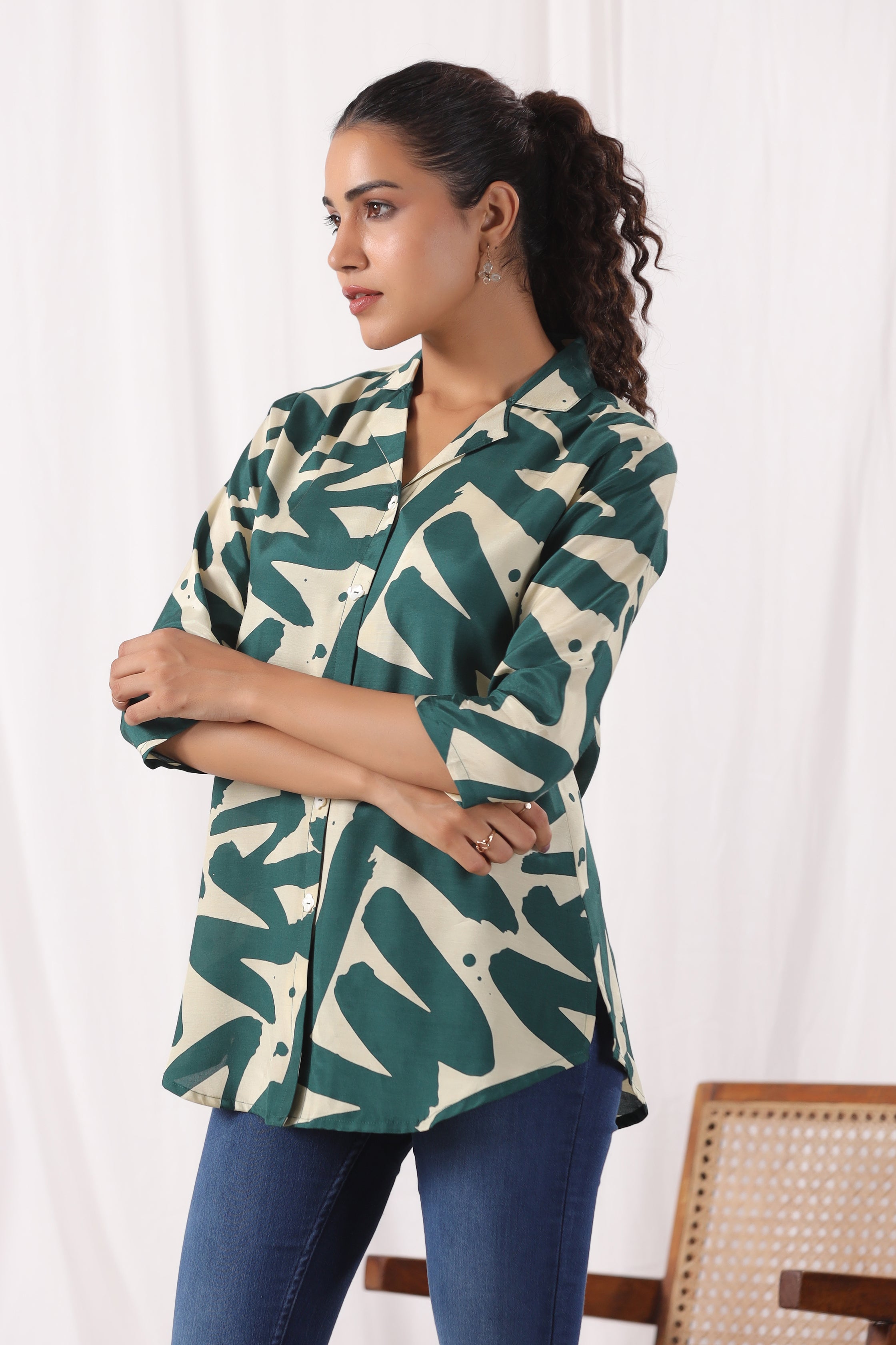 Green Russian Silk Floral Printed  Shirt