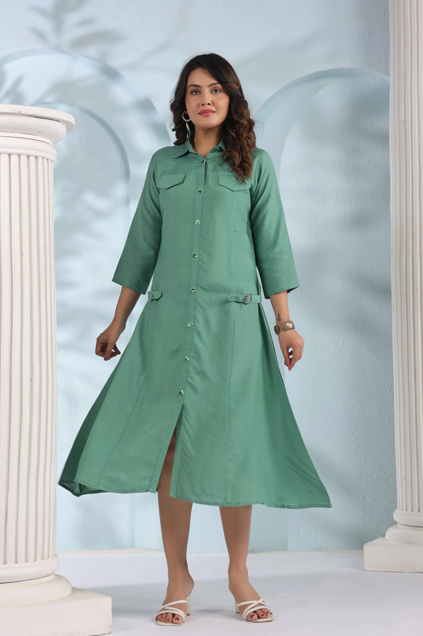 Sage Green Belted Shirt Dress in Textured Crepe Kaftanize Sage Green Belted Shirt Dress in Textured Crepe Kaftanize