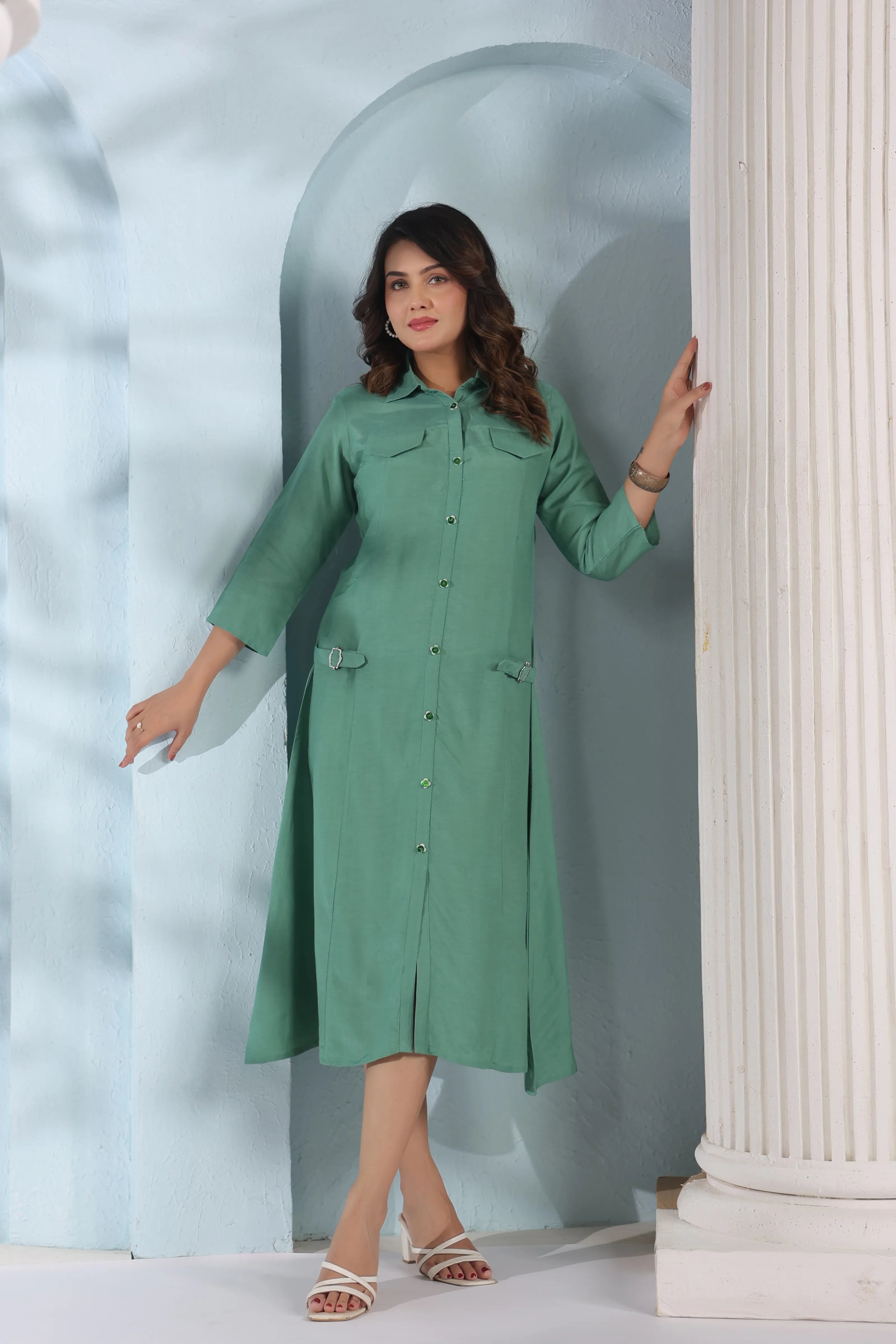 green belted shirt dress 60s Lanvin Belted Shirt Dress | S-M