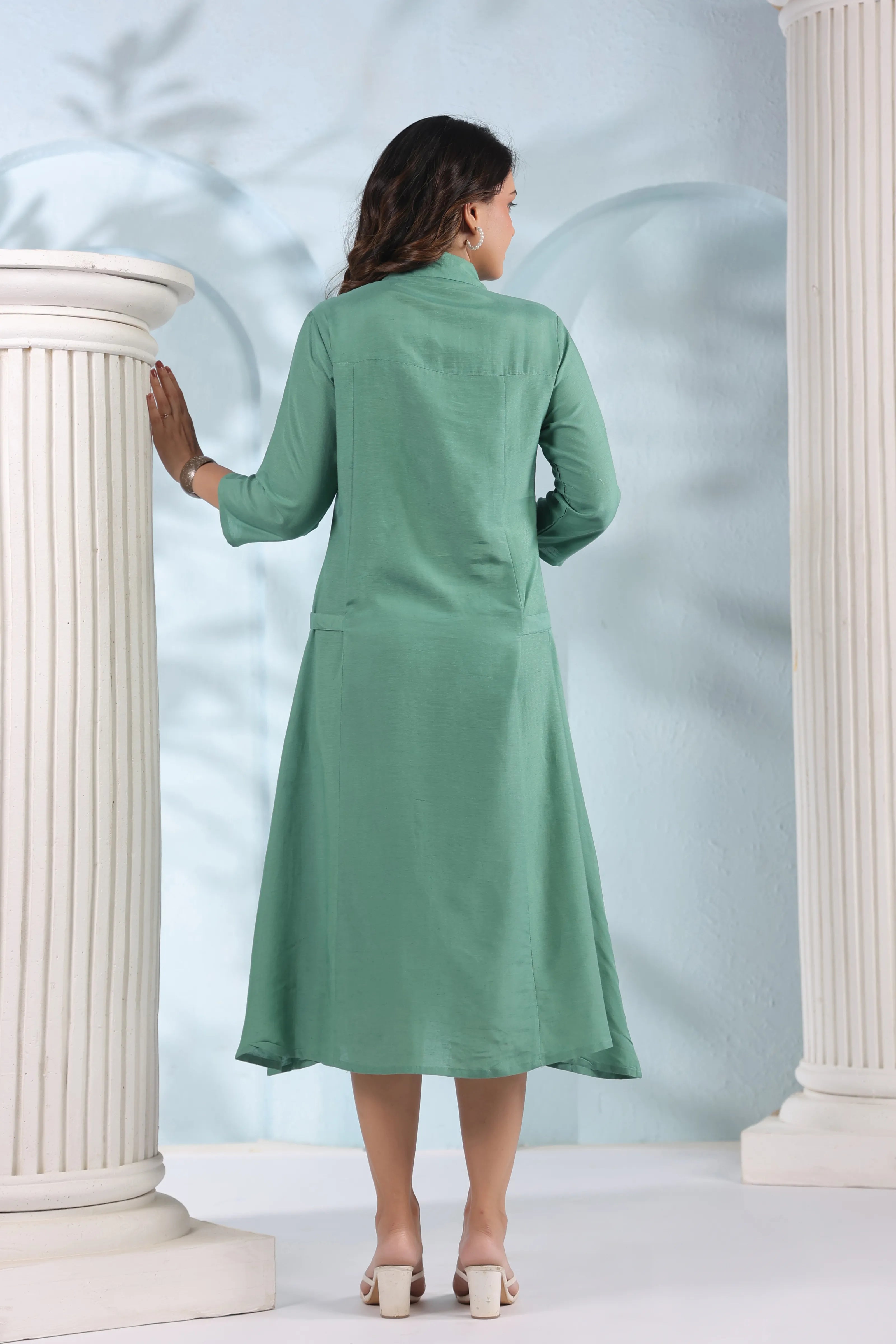 Sage Green Belted Shirt Dress in Textured Crepe Kaftanize Sage Green Belted Shirt Dress in Textured Crepe Kaftanize