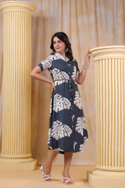 Grey Russian Silk Floral Print Dress With Belt