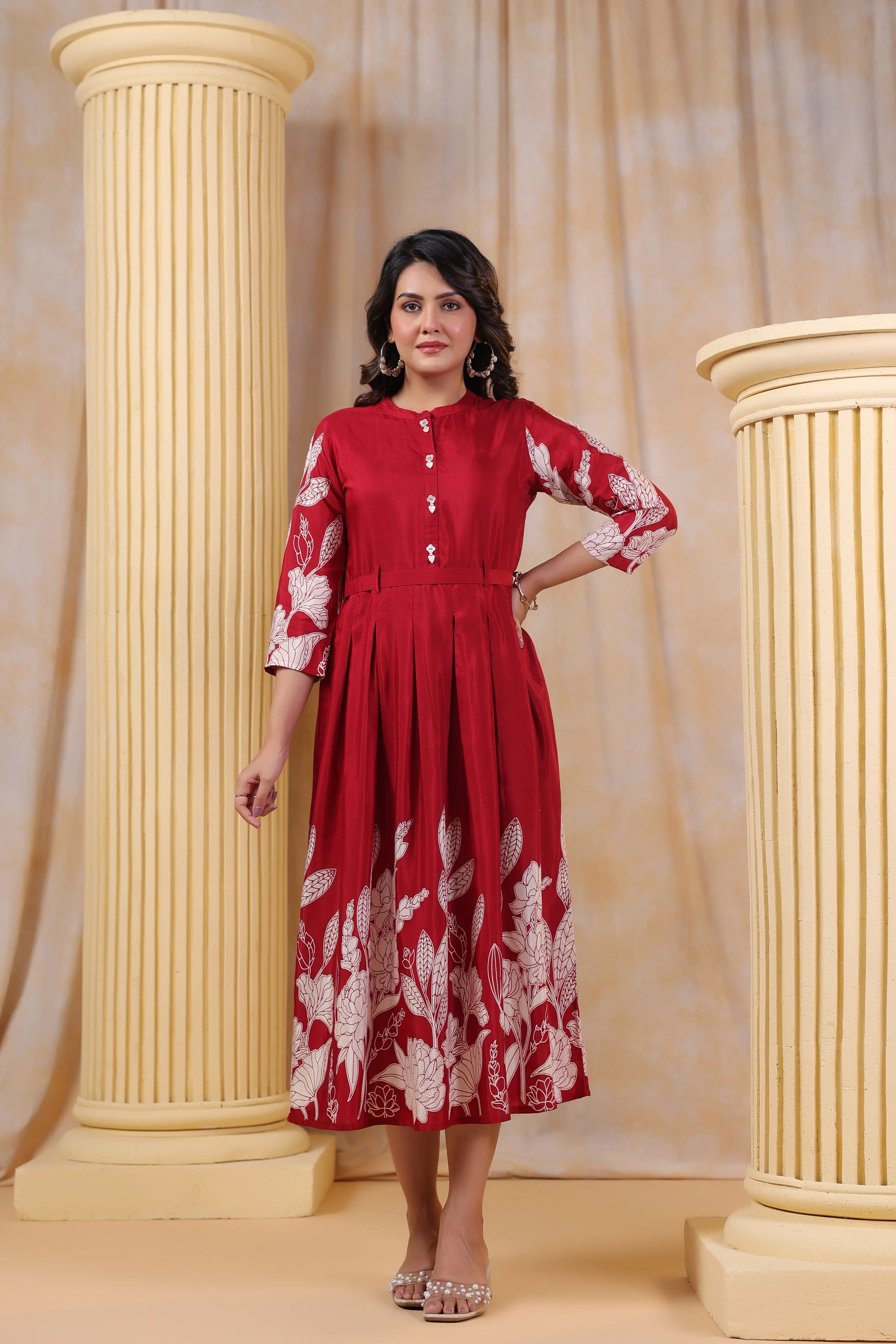 Red Muslin Abstract Print Midi Dress With Belt