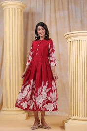 Red Muslin Abstract Print Midi Dress With Belt