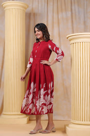 Red Muslin Abstract Print Midi Dress With Belt