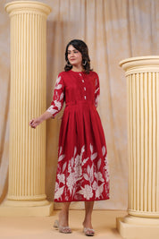 Red Muslin Abstract Print Midi Dress With Belt