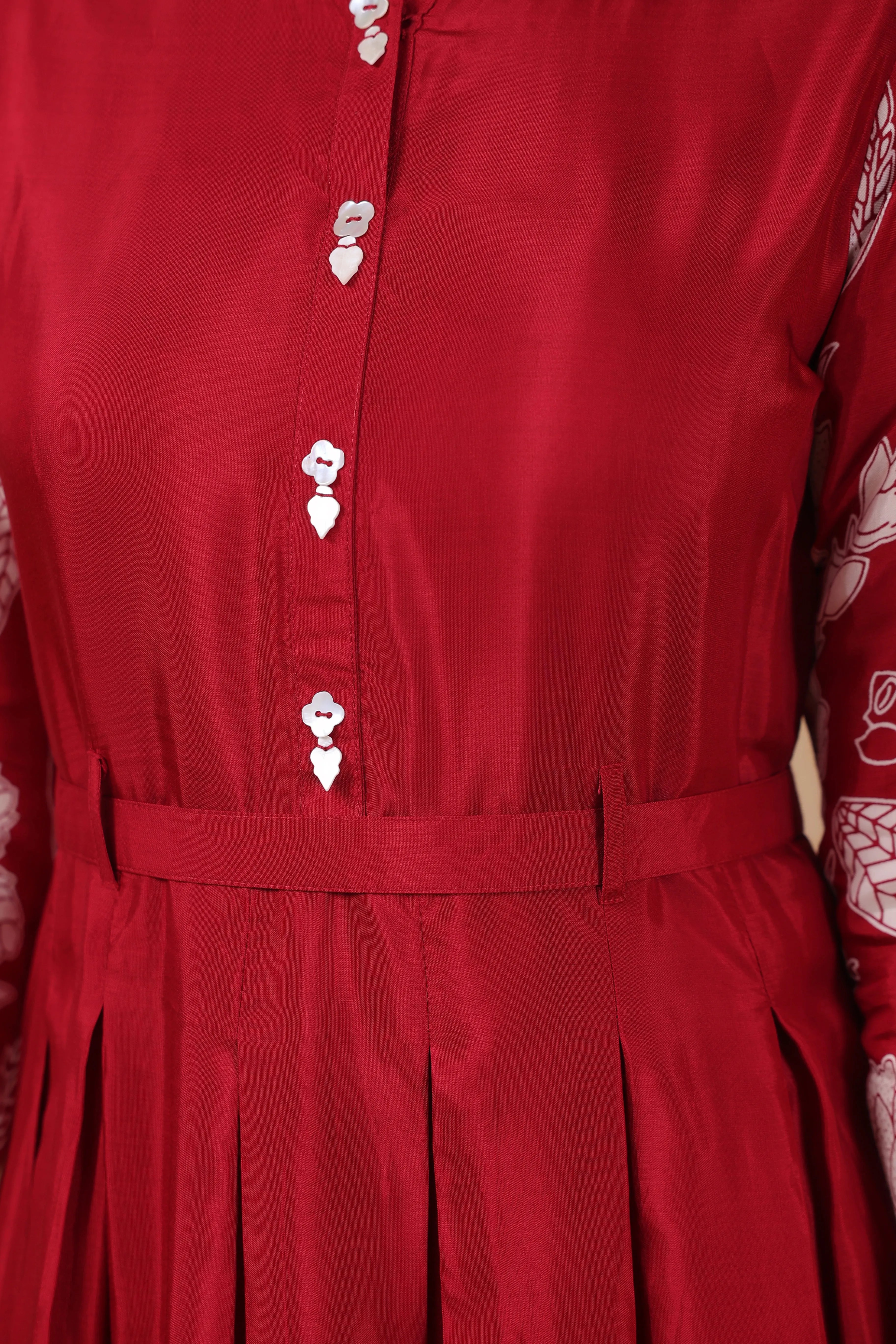 Red Muslin Abstract Print Midi Dress With Belt