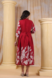 Red Muslin Abstract Print Midi Dress With Belt
