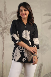 Black Floral Printed Russian Silk Tunic