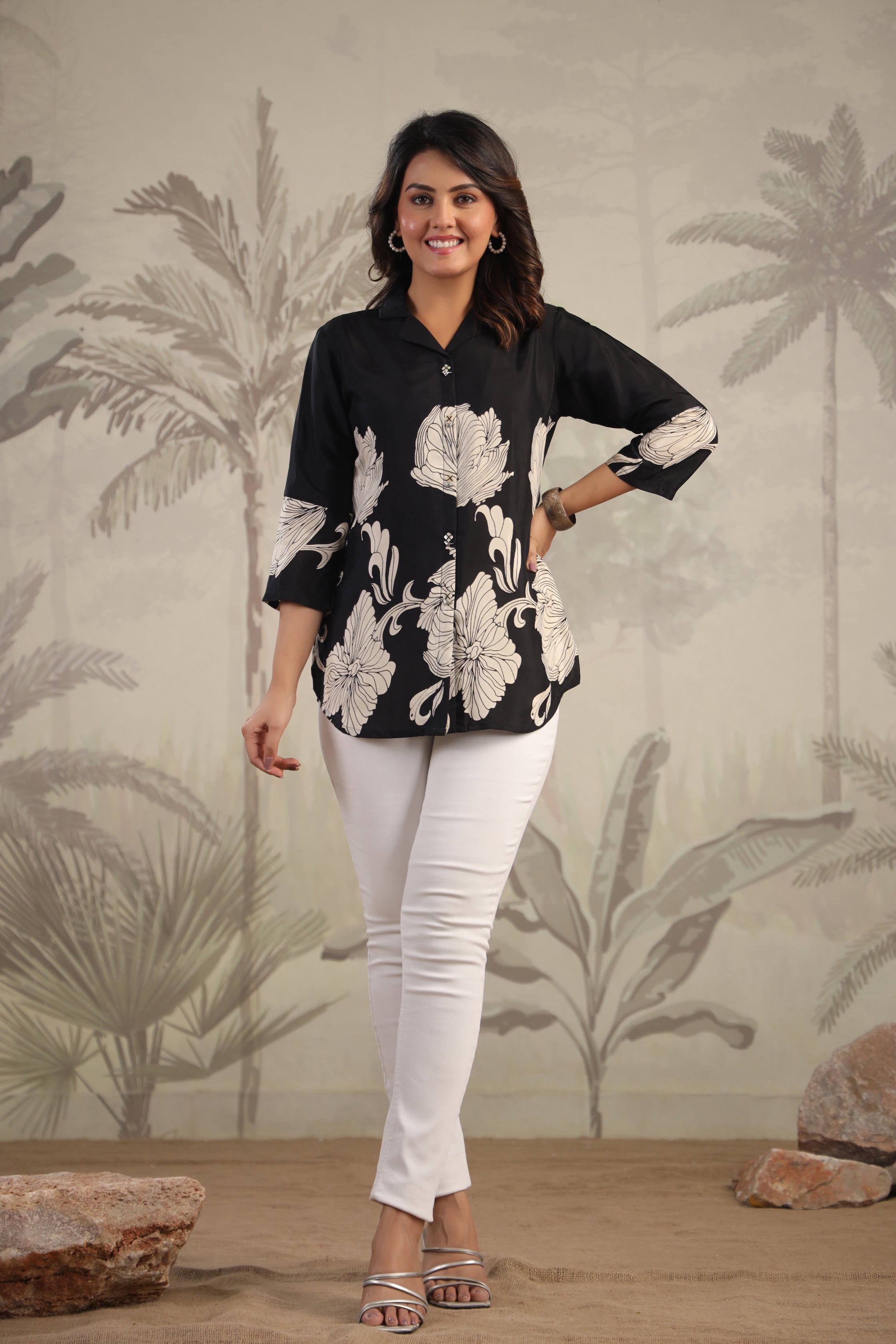 Black Floral Printed Russian Silk Tunic