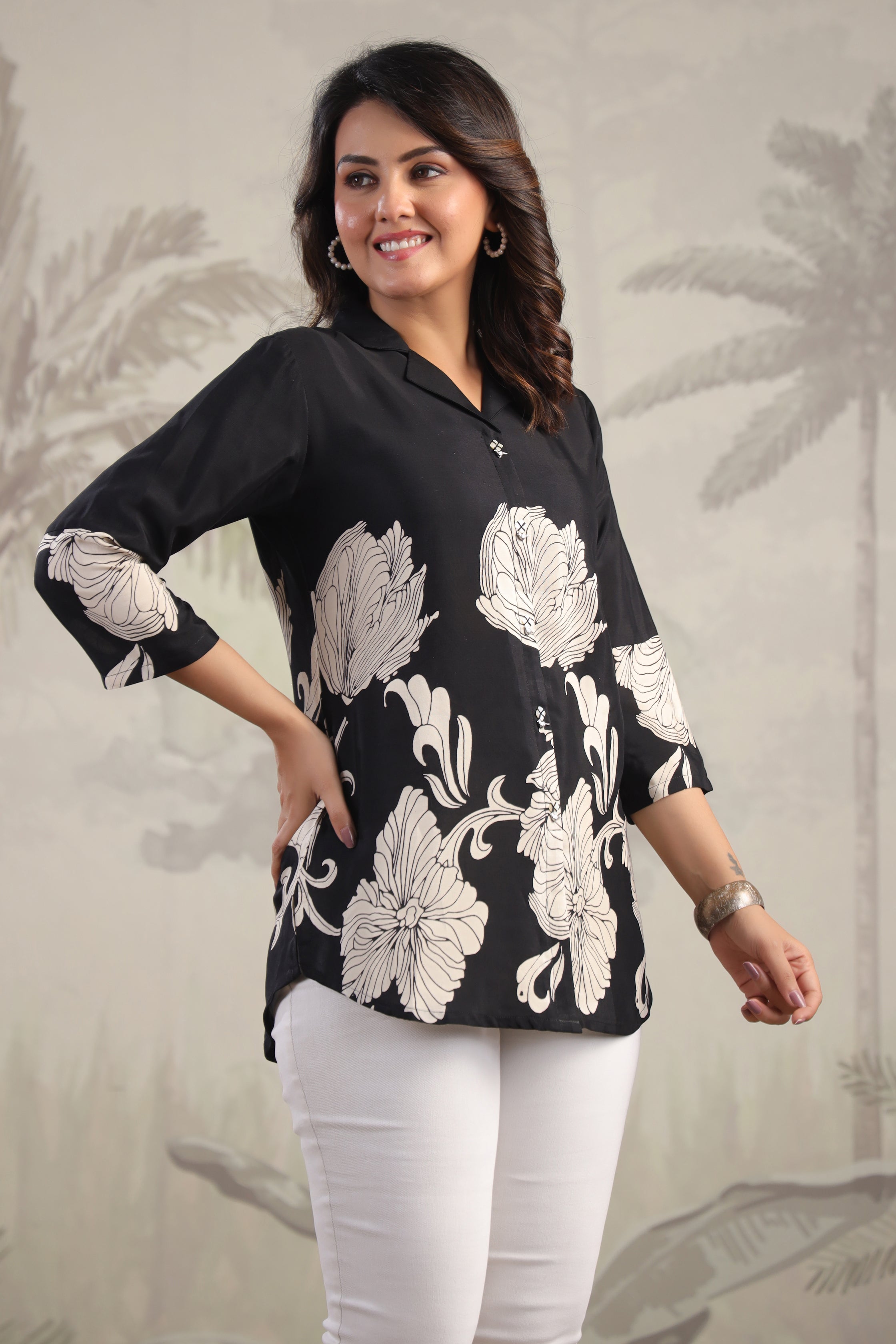 Black Floral Printed Russian Silk Tunic