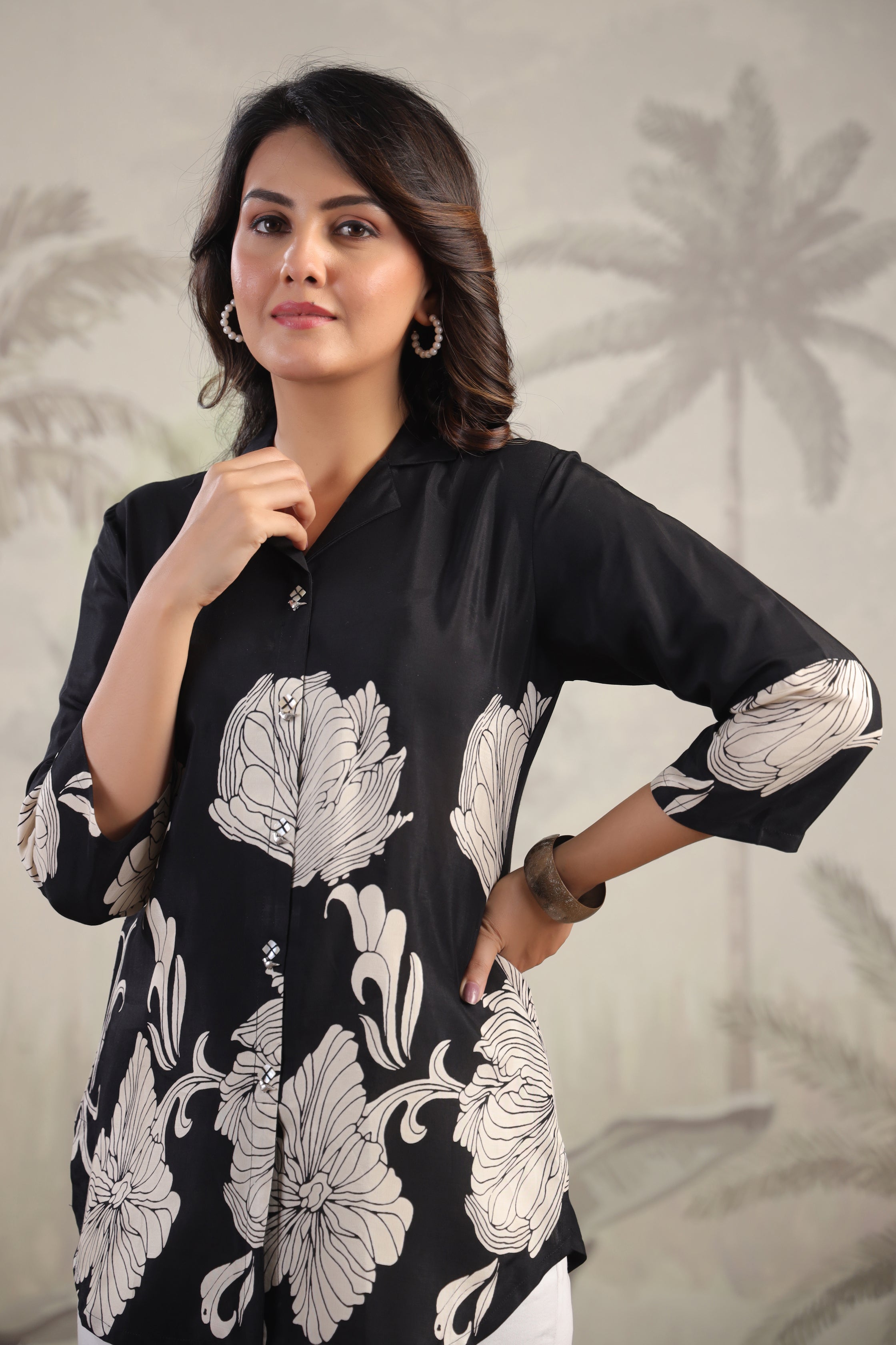 Black Floral Printed Russian Silk Tunic