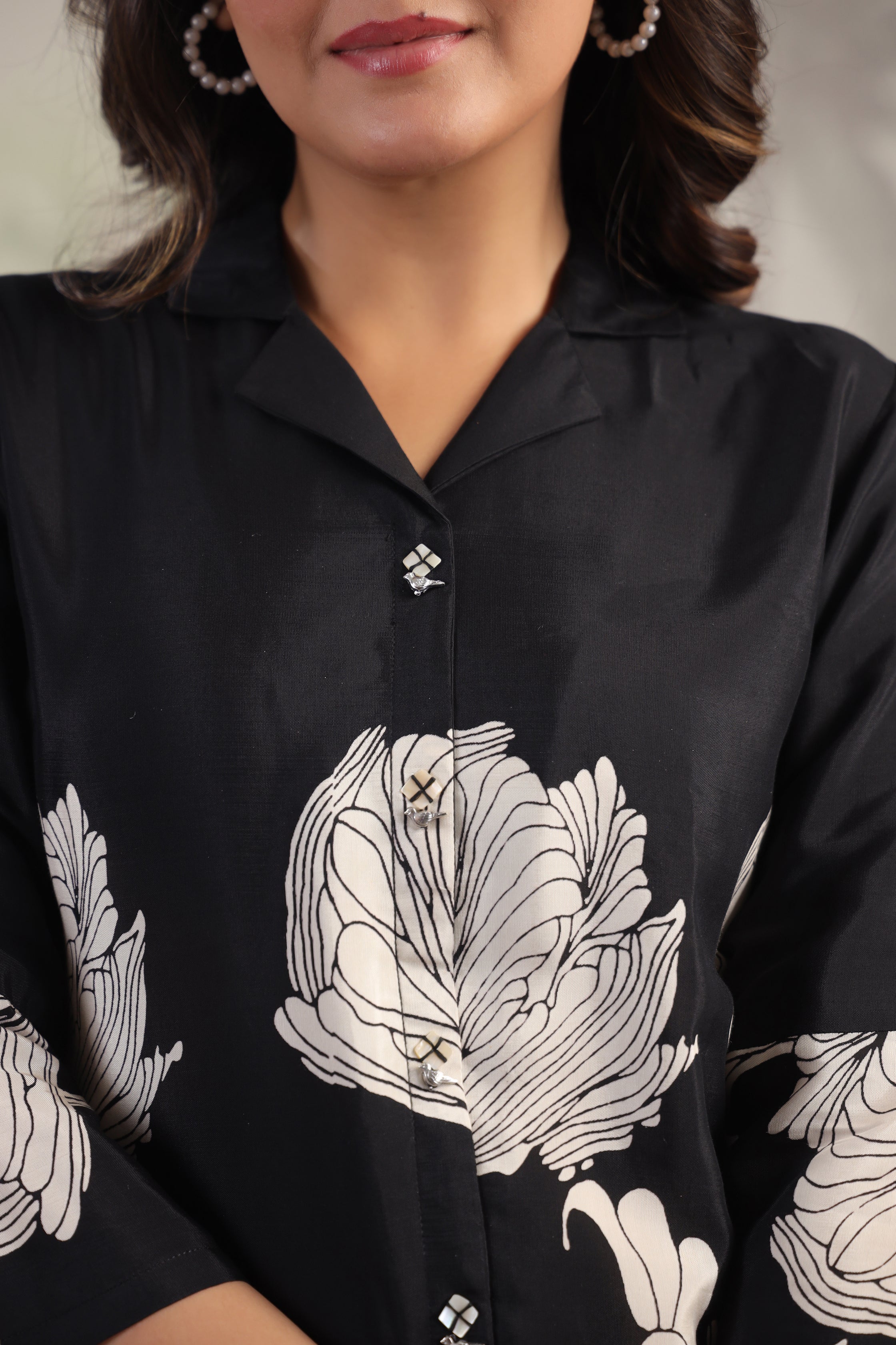 Black Floral Printed Russian Silk Tunic