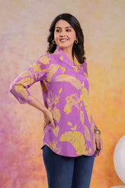 Lavender Base Yellow Color abstract print Russian Silk Tunic