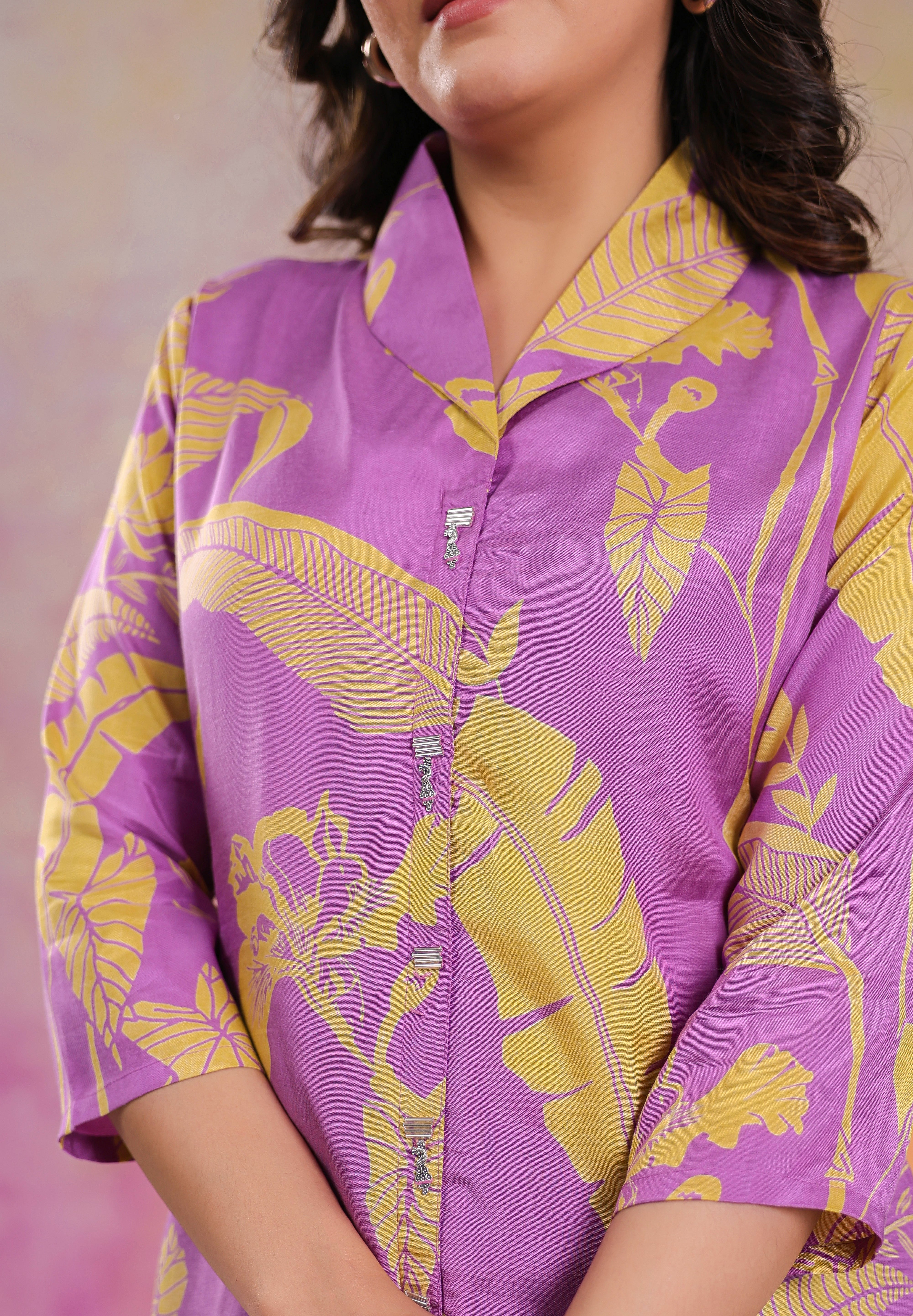 Lavender Base Yellow Color abstract print Russian Silk Tunic