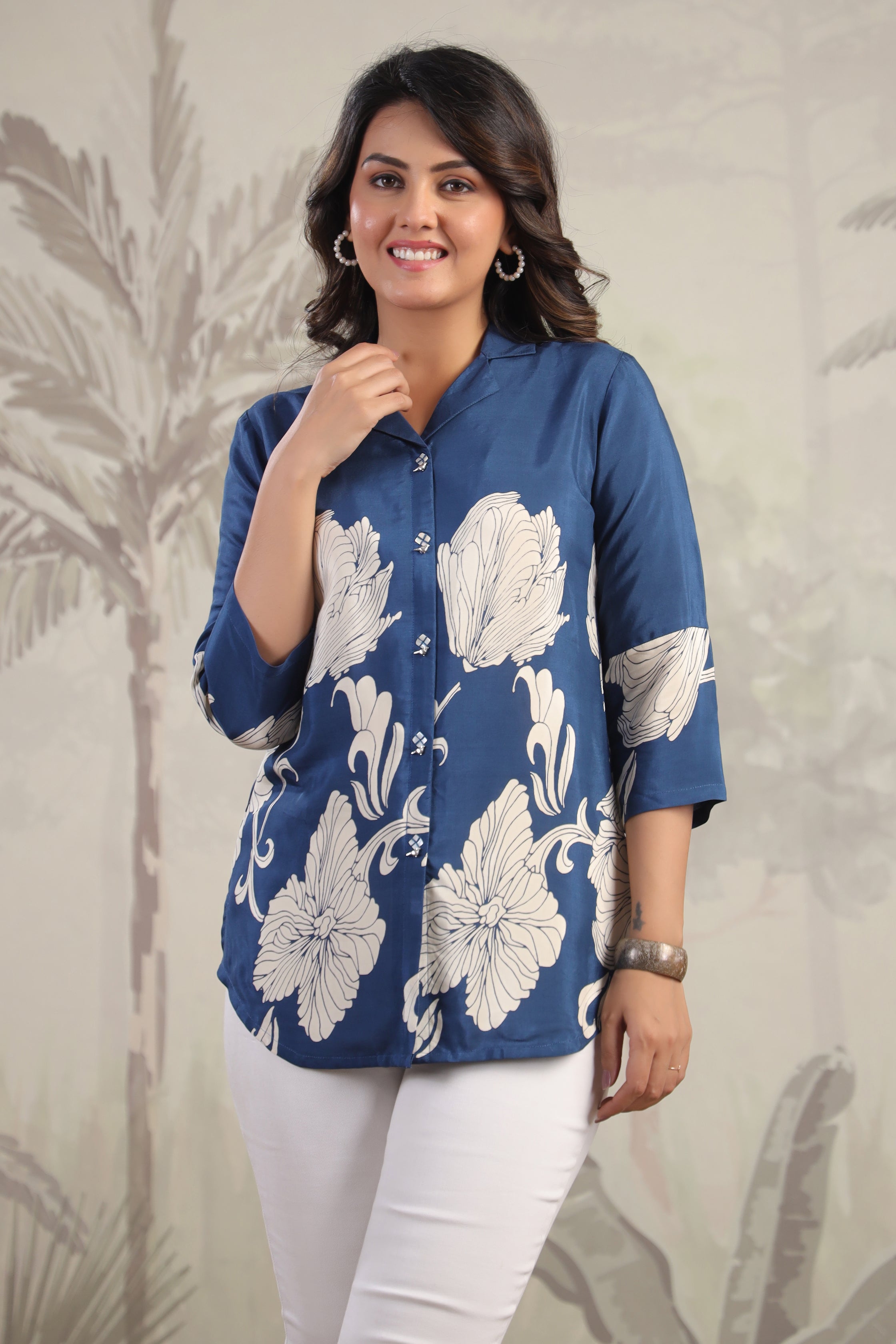 Teal Blue Russian Silk Bold Floral  Printed Top