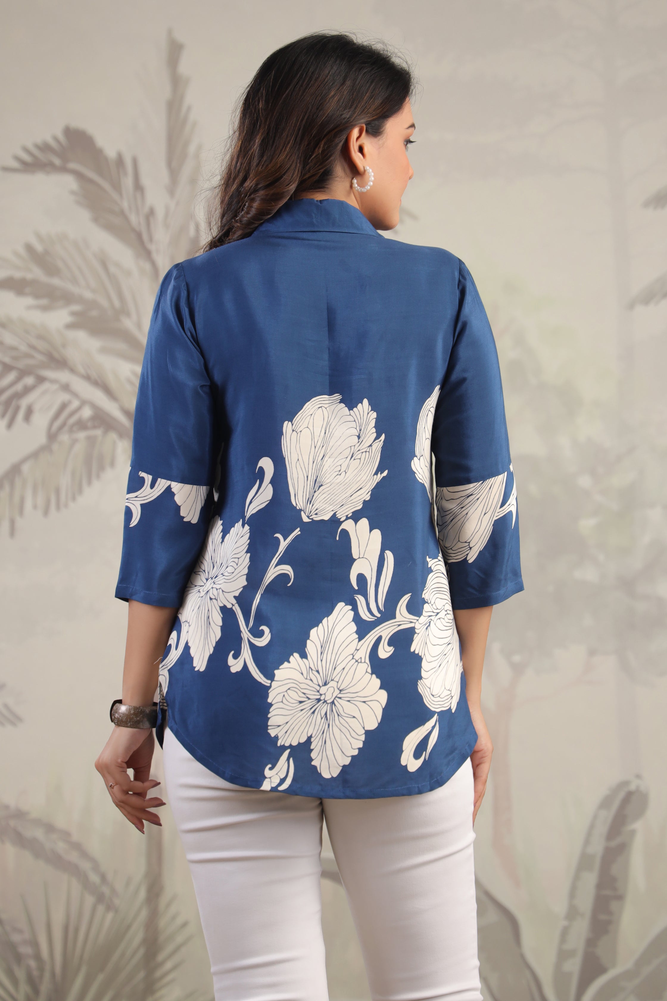 Teal Blue Russian Silk Bold Floral  Printed Top