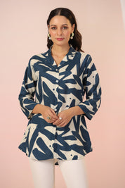 Peacock Blue Abstract Printed Russian Silk Tunic