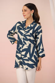 Peacock Blue Abstract Printed Russian Silk Tunic